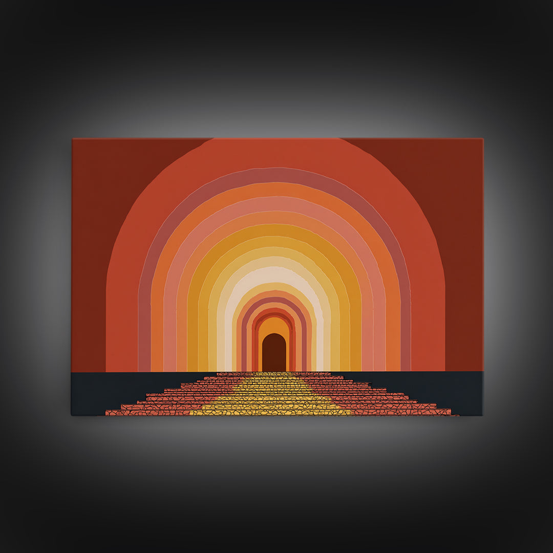 Rainbow Tunnel Arches With Stairway To Light Framed Canvas Print, Retro Wall Art, 70s Geometric Decor For Living Room And Office