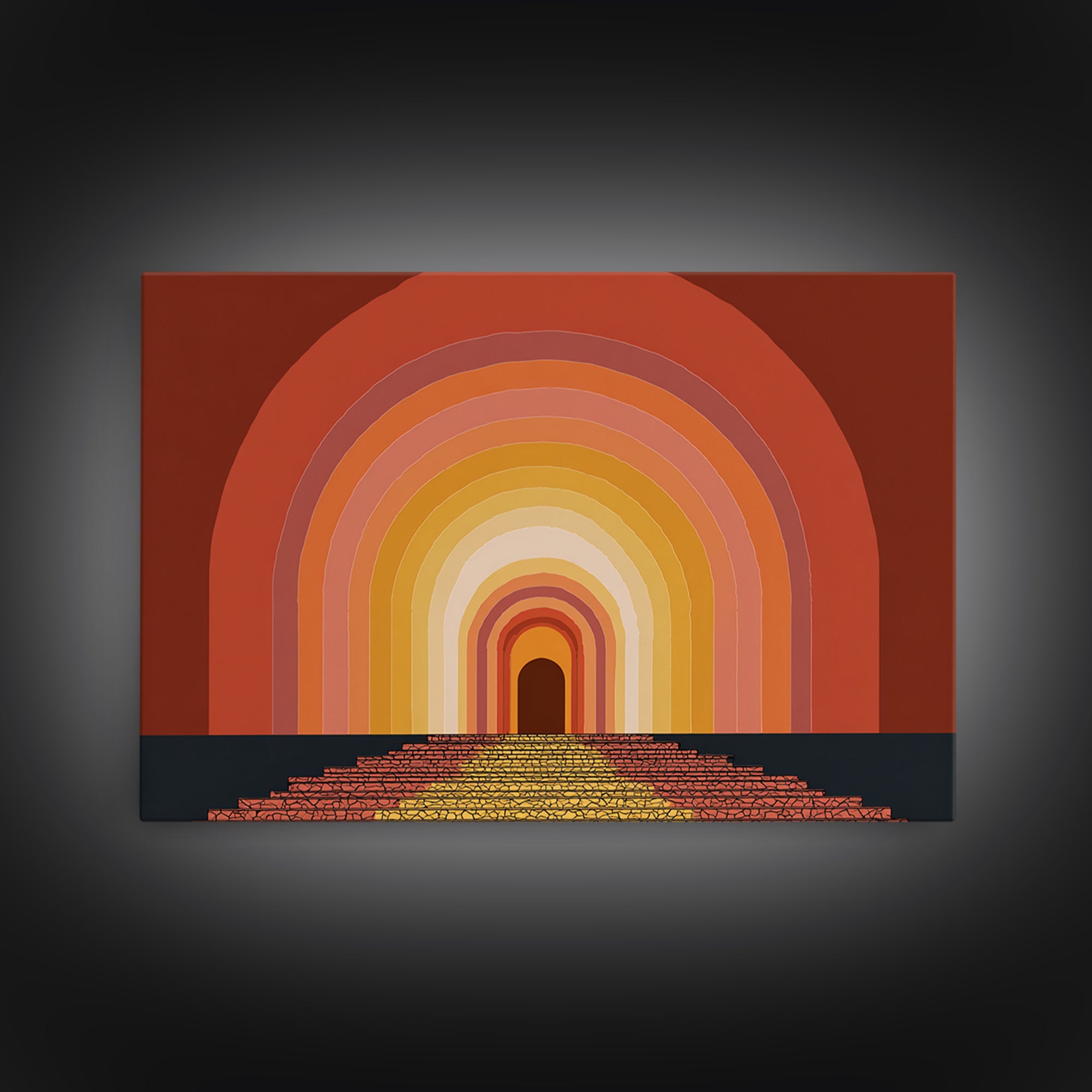 Rainbow Tunnel Arches With Stairway To Light Framed Canvas Print, Retro Wall Art, 70s Geometric Decor For Living Room And Office