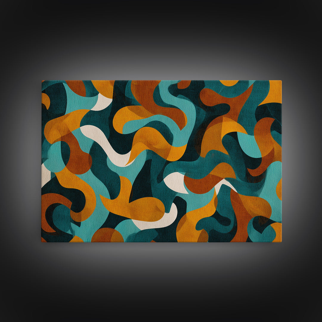 Teal Mustard Rust Organic Shapes Canvas Print, Midcentury Modern Abstract Art, Retro Wall Decor, Funky Living Room Poster