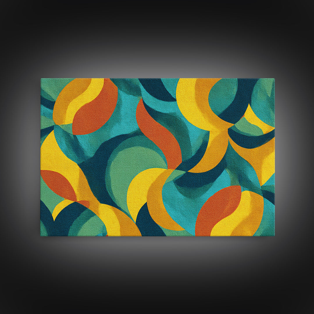 Teal Yellow Rust Crescent Shapes Framed Canvas Print, Midcentury Modern Art, Retro Geometric Wall Decor, Colorful Home Poster
