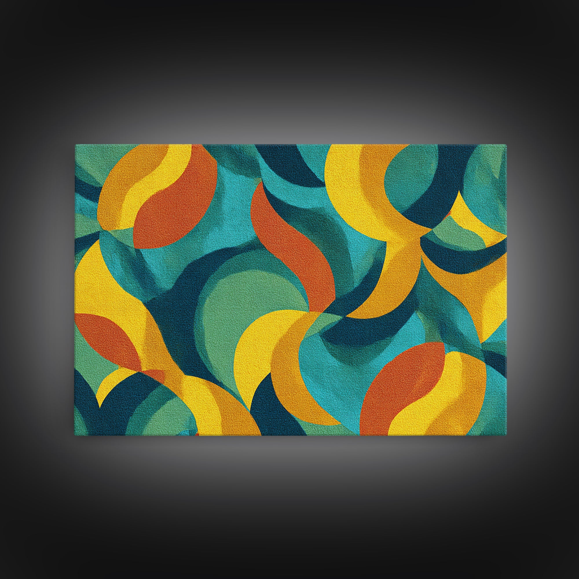 Teal Yellow Rust Crescent Shapes Framed Canvas Print, Midcentury Modern Art, Retro Geometric Wall Decor, Colorful Home Poster