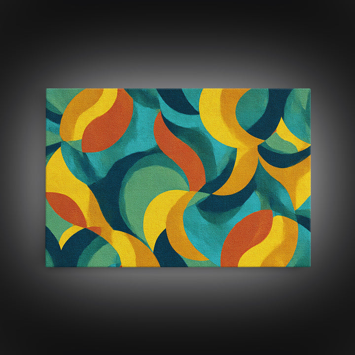 Teal Yellow Rust Crescent Shapes Framed Canvas Print, Midcentury Modern Art, Retro Geometric Wall Decor, Colorful Home Poster