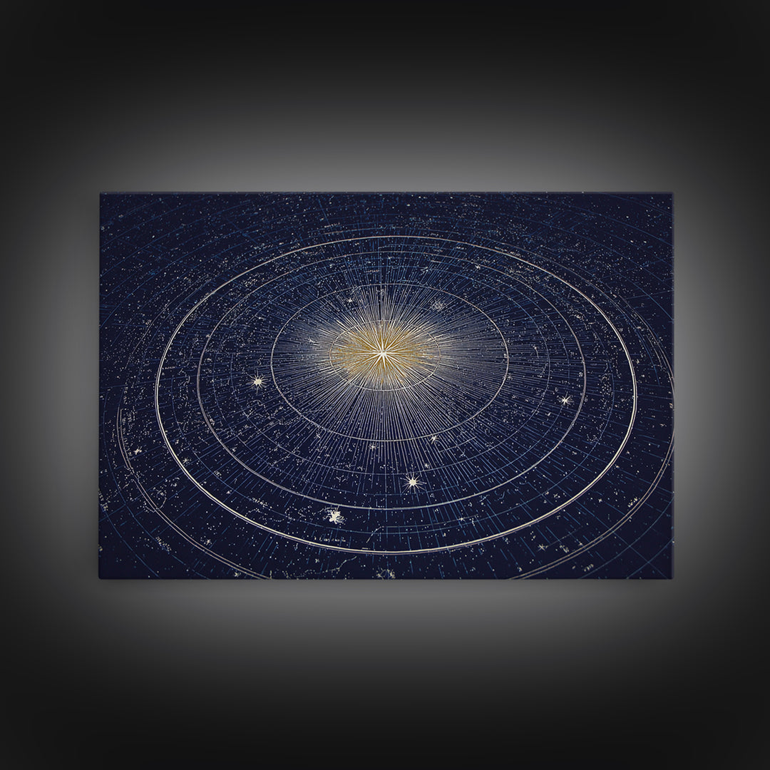 Navy Gold Celestial Compass Framed Canvas Print, Star Map Wall Art, Modern Cosmic Decor, Astronomy Home Office Poster Gift