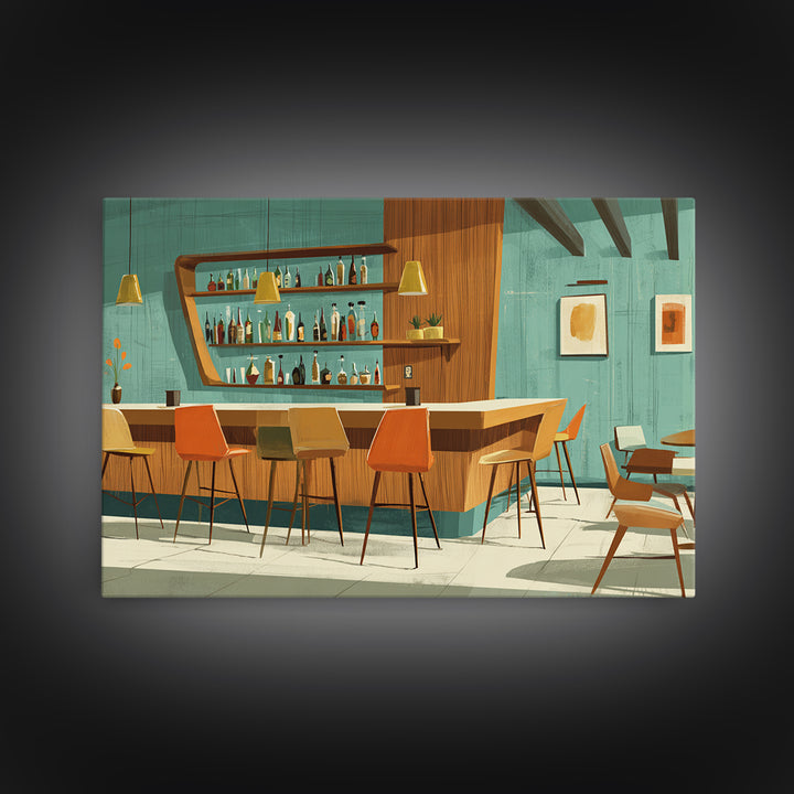 Wood And Teal Modernist Lounge Bar Wall Art, Midcentury Modern Canvas Print, Retro Cocktail Poster, Scandinavian Decor, MCM Decor