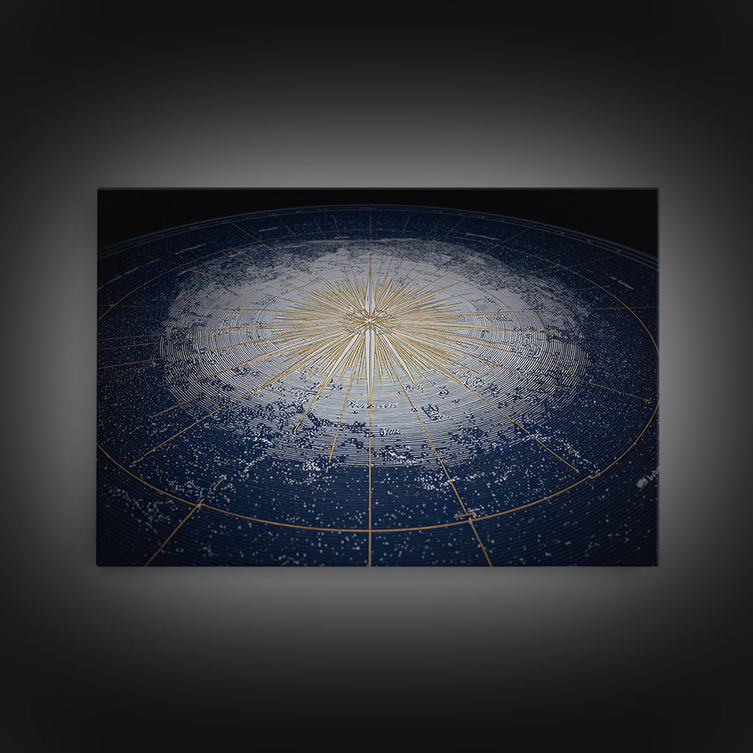 Blue Gold Radiant Star Map Canvas Print, Celestial Compass Wall Art, Modern Cosmic Decor, Astronomy Living Room Poster Gift