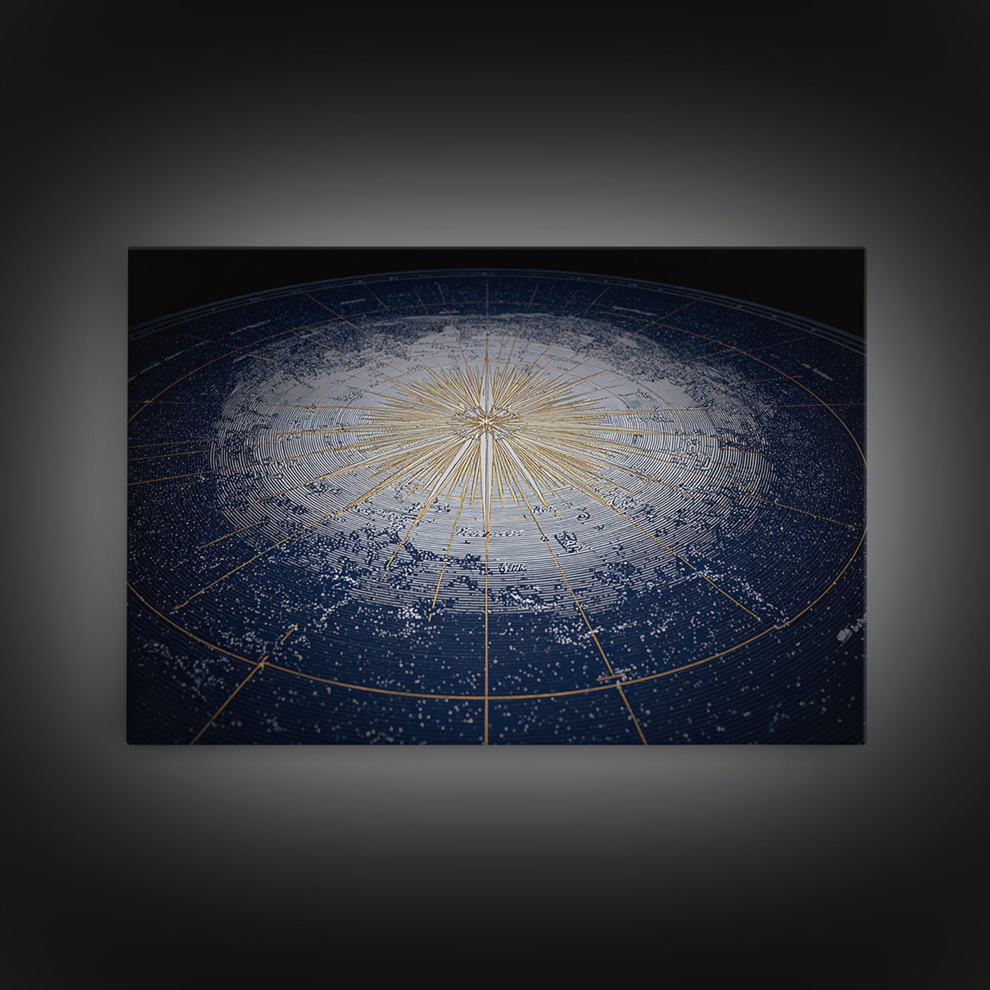 Blue Gold Radiant Star Map Canvas Print, Celestial Compass Wall Art, Modern Cosmic Decor, Astronomy Living Room Poster Gift
