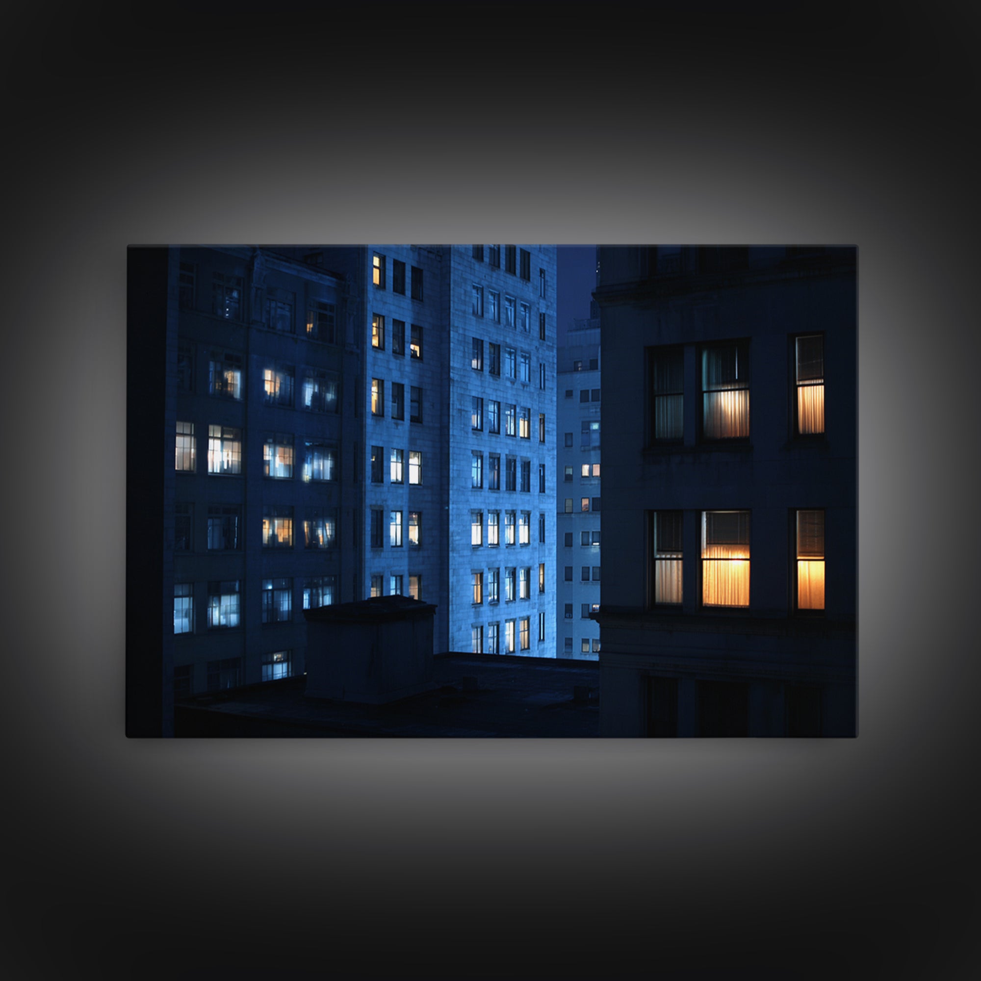 Blue City Apartment Windows Wall Art, Urban Night Photography Print, Modern Wall Decor, Bedroom Art, Home Office Decor, Blue Art