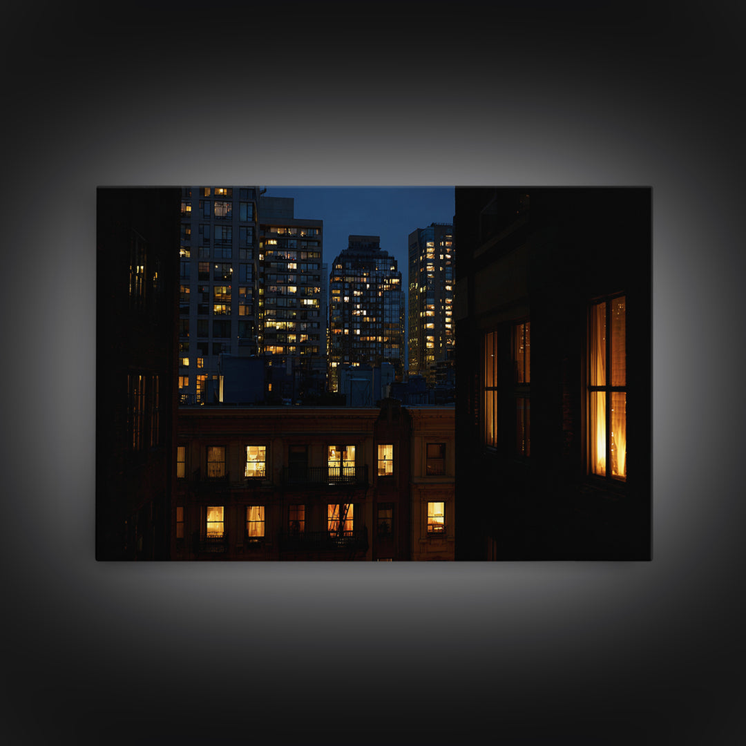 Warm Lit City Windows Wall Art, Urban Night Photography Print, Modern Home Decor, Apartment Decor, Living Room Art, Blue Art