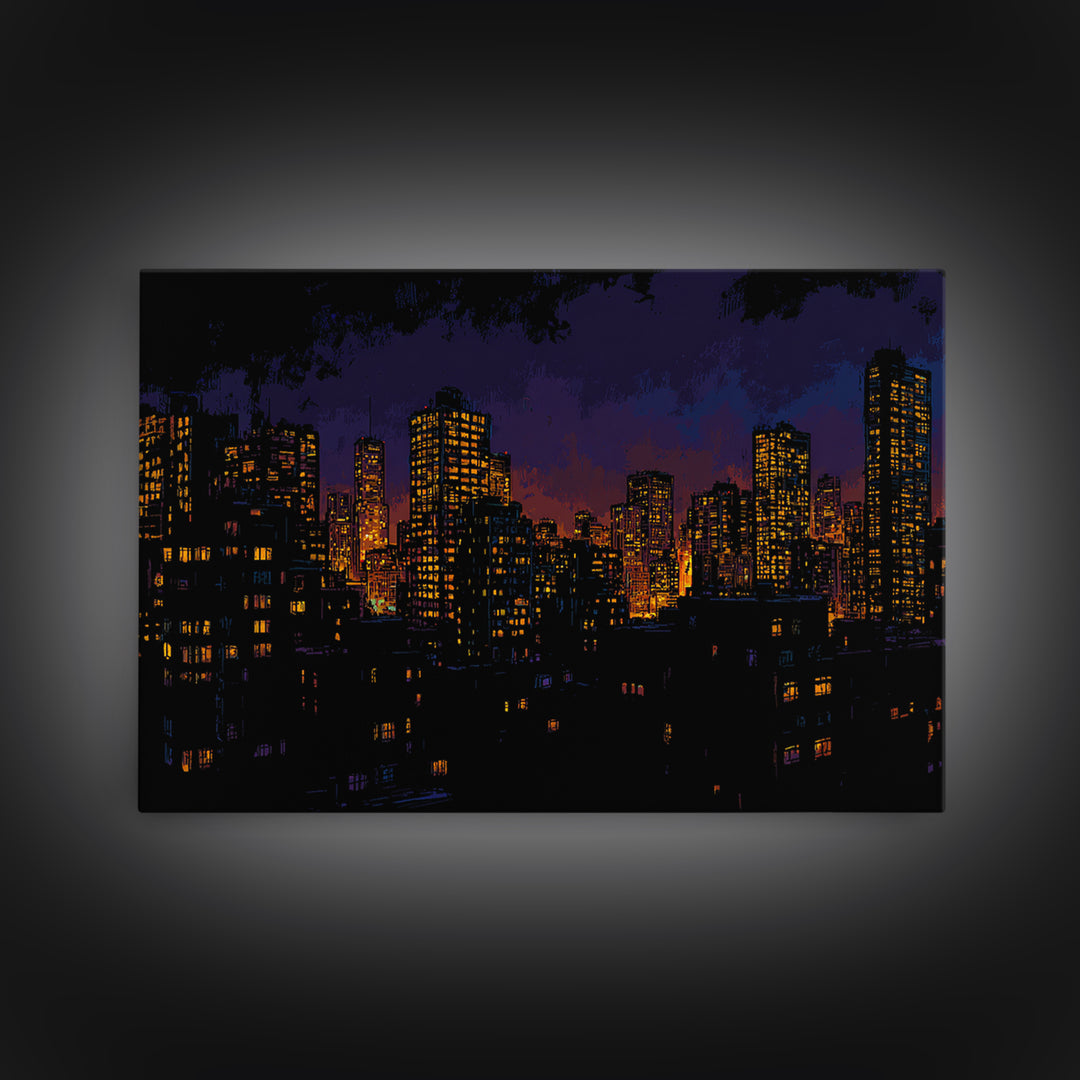 Purple City Skyline At Dusk Canvas Print, Urban Night Poster, Modern Wall Art, Retro Decor, Living Room Decor, Blue Art, Wall Decor