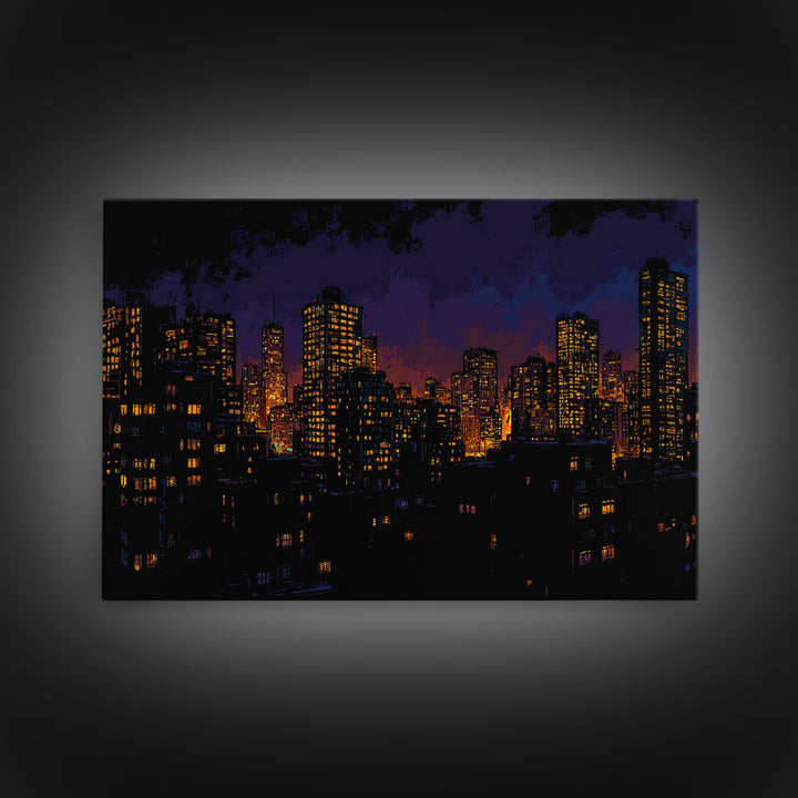 Purple City Skyline At Dusk Canvas Print, Urban Night Poster, Modern Wall Art, Retro Decor, Living Room Decor, Blue Art, Wall Decor