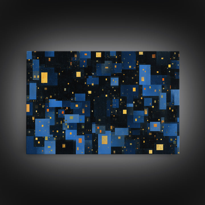 Abstract Blue City Blocks Wall Art, Geometric Night Skyline Print, Modern Abstract Art, MCM Wall Art, Office Decor, Blue Art