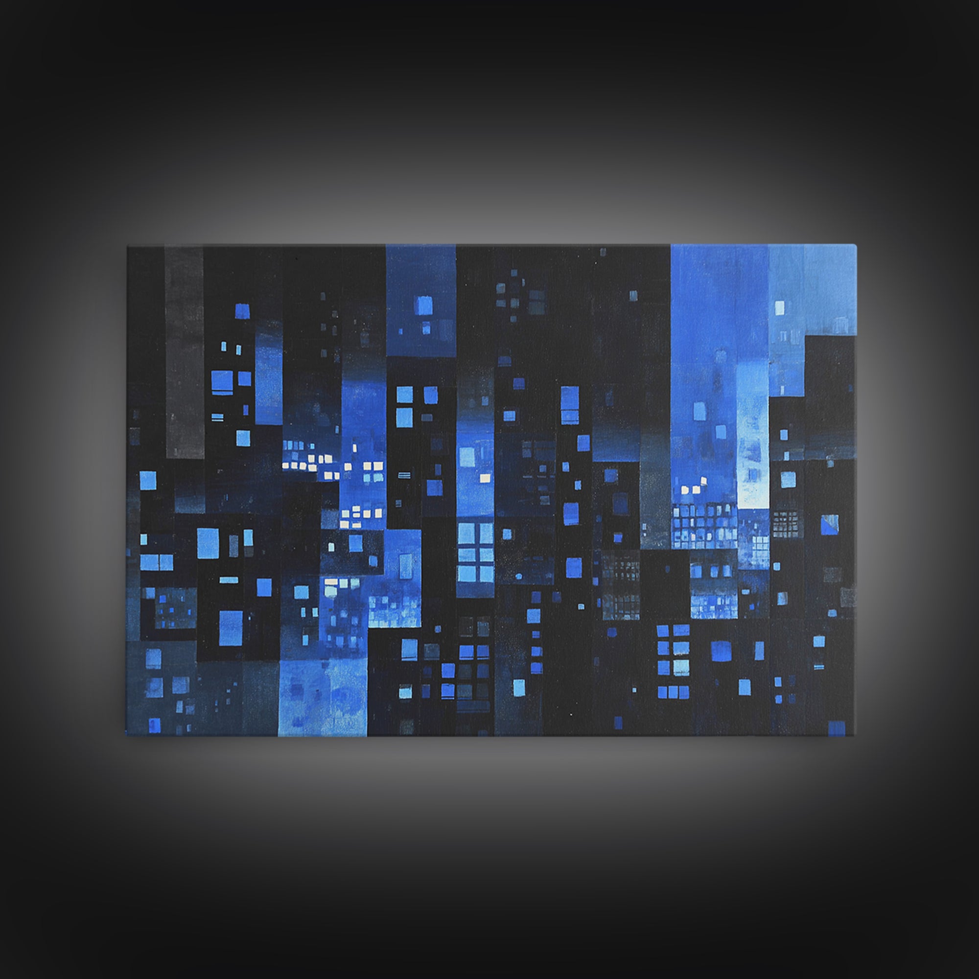 Moody Blue Abstract City Wall Art, Geometric Skyline Canvas Print, Modern Wall Decor, Office Decor, Living Room Art, Blue Art