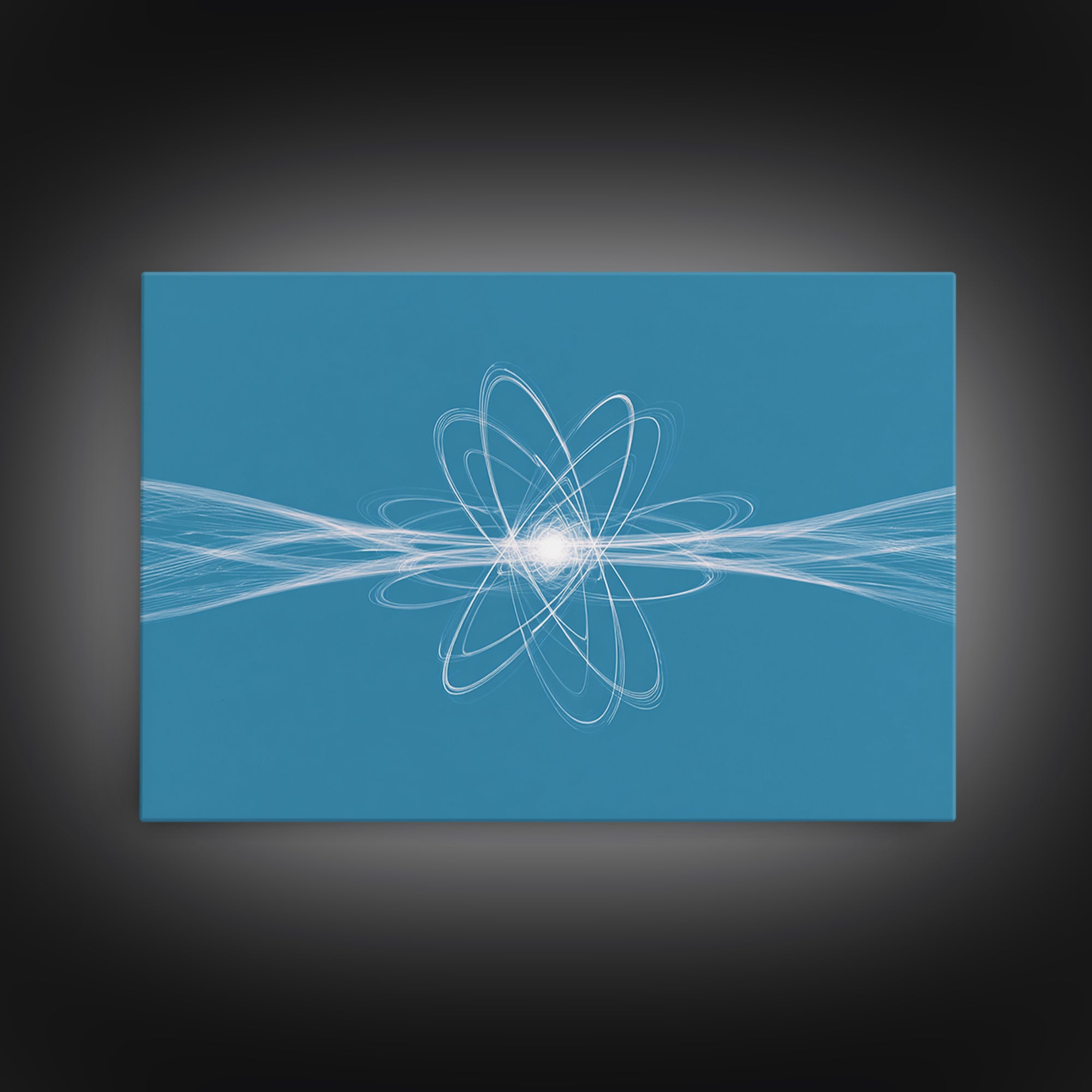 White Atom Energy Lines Canvas Print, Blue Scientific Abstract Art, Modern Wall Decor, Office Decor, Minimalist Art Print