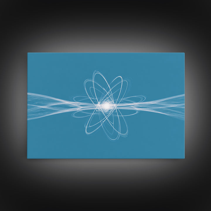 White Atom Energy Lines Canvas Print, Blue Scientific Abstract Art, Modern Wall Decor, Office Decor, Minimalist Art Print