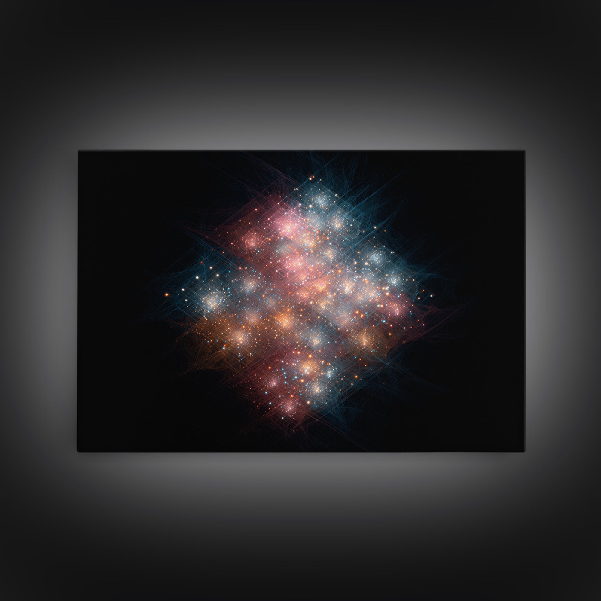 Glowing Cosmic Nebula Particle Cluster Framed Canvas Print, Space Abstract Art, Modern Wall Art, Galaxy Decor, Statement Piece