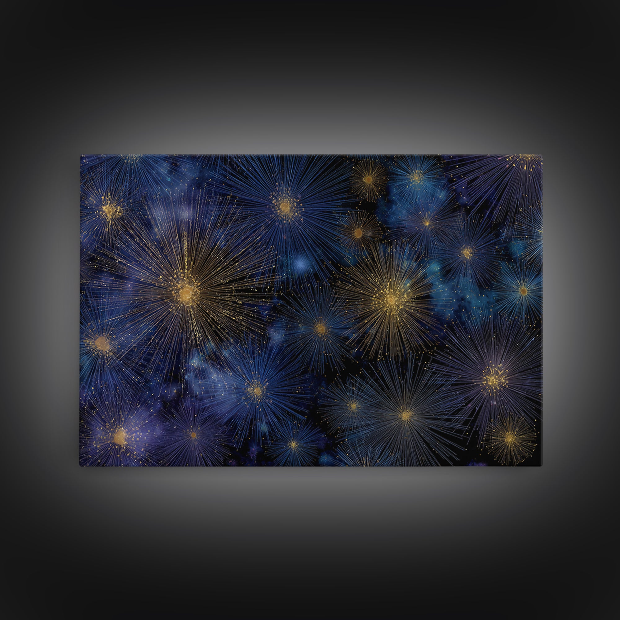 Blue Gold Cosmic Starburst Fireworks Canvas Print, Modern Abstract Art, Space Wall Art, Dark Navy Office Decor, Giclee Print
