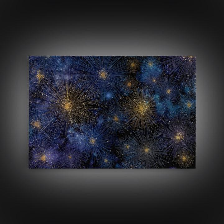 Blue Gold Cosmic Starburst Fireworks Canvas Print, Modern Abstract Art, Space Wall Art, Dark Navy Office Decor, Giclee Print