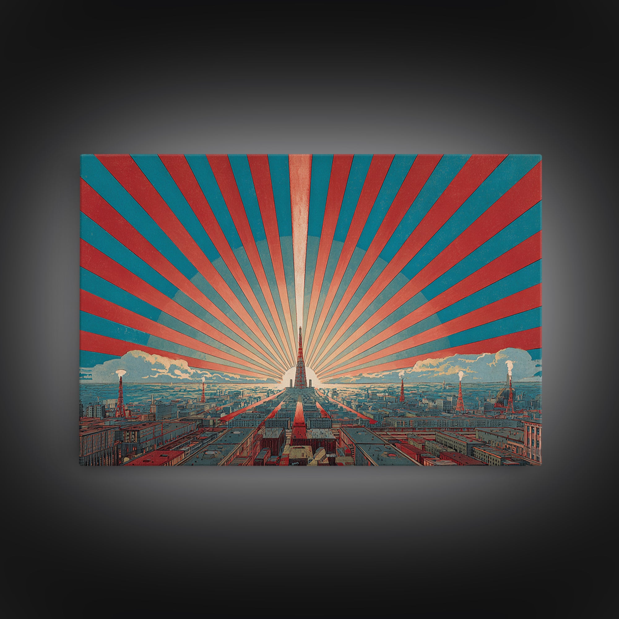 Retro City Skyline Sunburst Wall Art, Art Deco Poster, Midcentury Modern Wall Decor, Teal Red Architectural Print, Living Room Decor