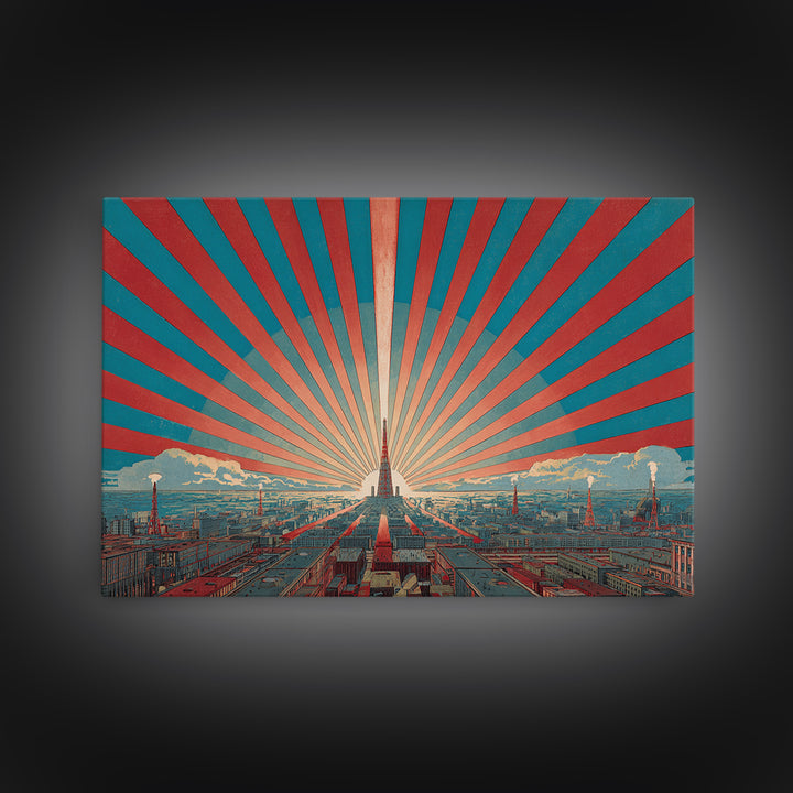 Retro City Skyline Sunburst Wall Art, Art Deco Poster, Midcentury Modern Wall Decor, Teal Red Architectural Print, Living Room Decor