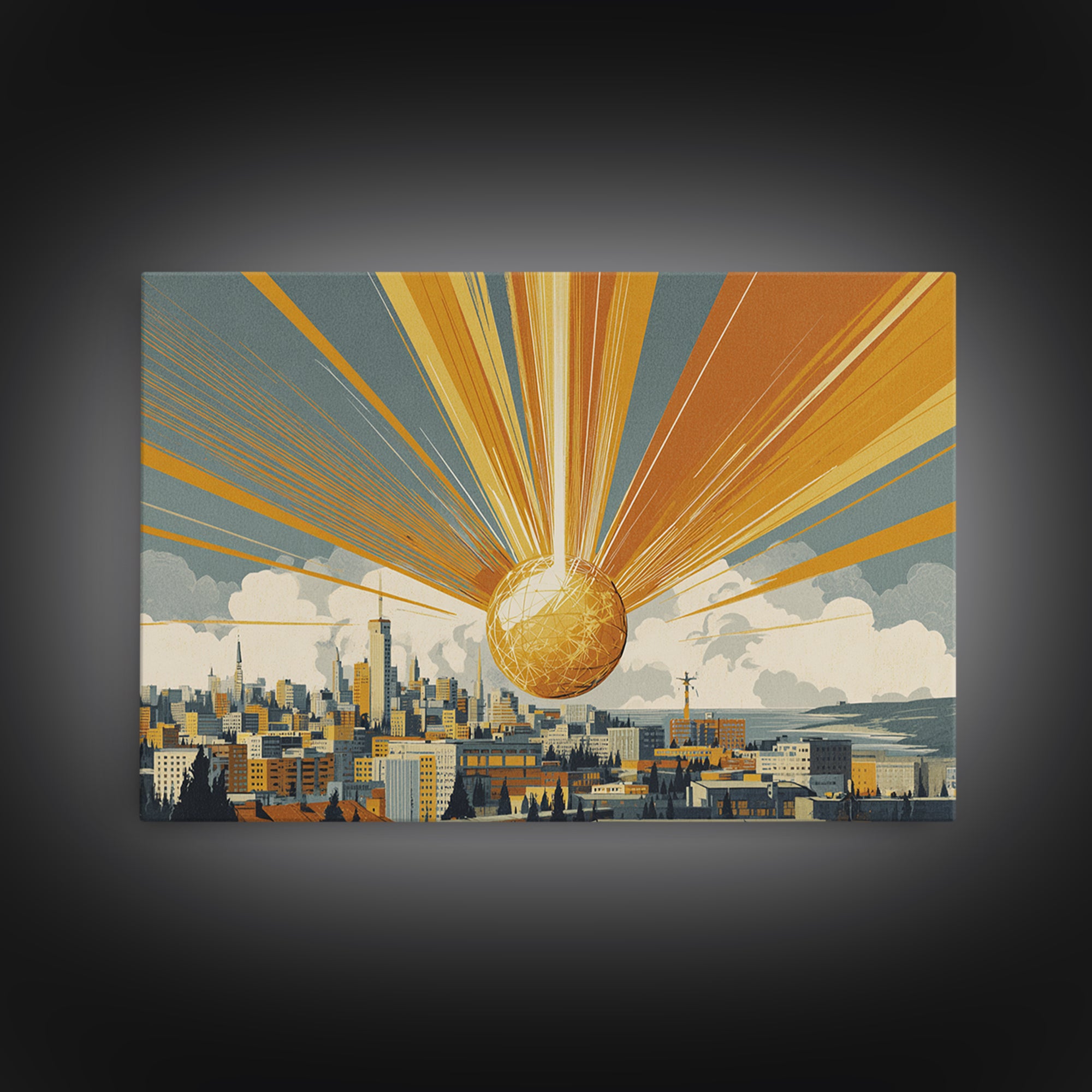 Golden Sphere Over Retro City Skyline Framed Canvas Print, Sunburst Wall Art, Midcentury Modern Decor, Futuristic Poster