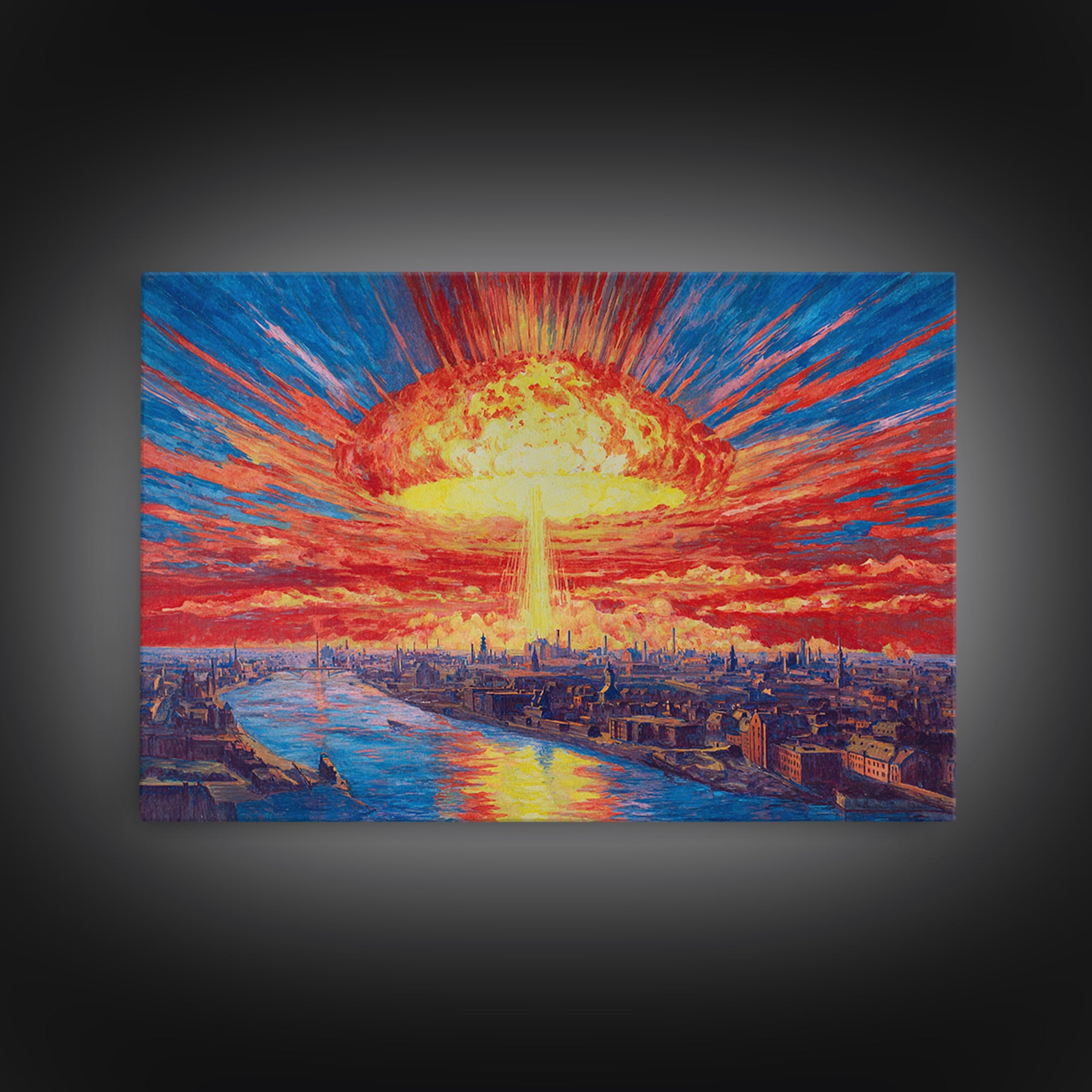 Apocalyptic Sunburst City Skyline Over River Wall Art, Sci Fi Retro Poster, Dramatic Modern Art Print For Living Room Decor