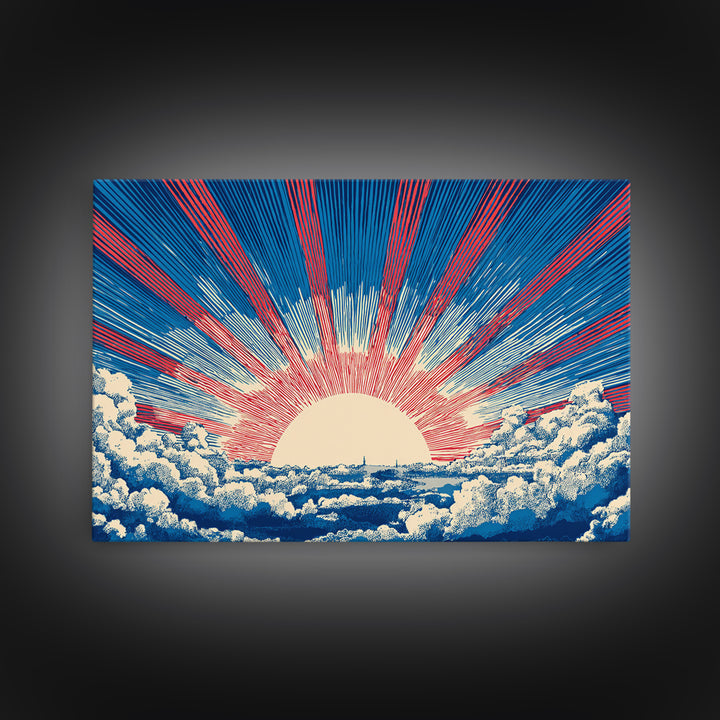 Radiant Sun Above Cloud Sea Canvas Print, Midcentury Modern Art, Retro Sun Poster, Blue Red Rays For Bedroom Wall Decor Prints