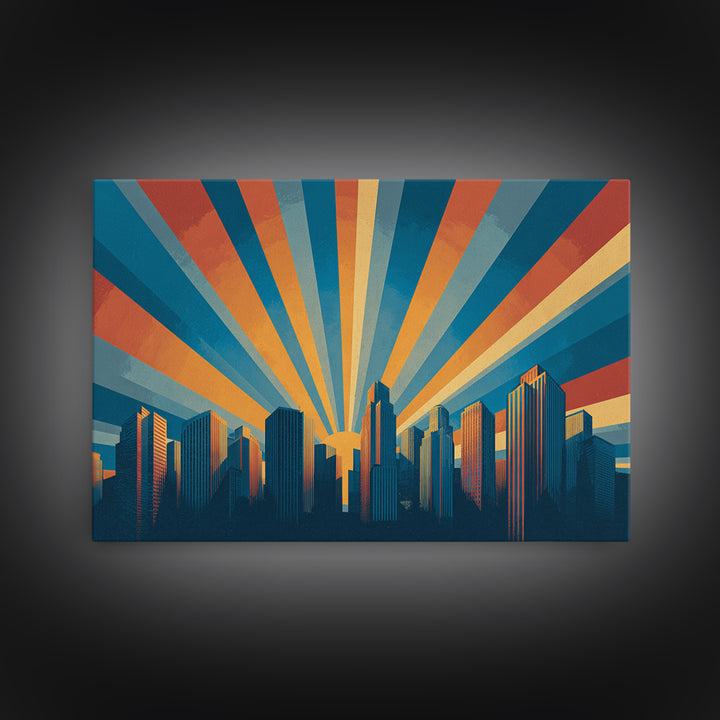 Retro City Skyline Sunrise Rays Wall Art, Midcentury Modern Poster, Urban Modern Art Print For Office And Living Room Decor