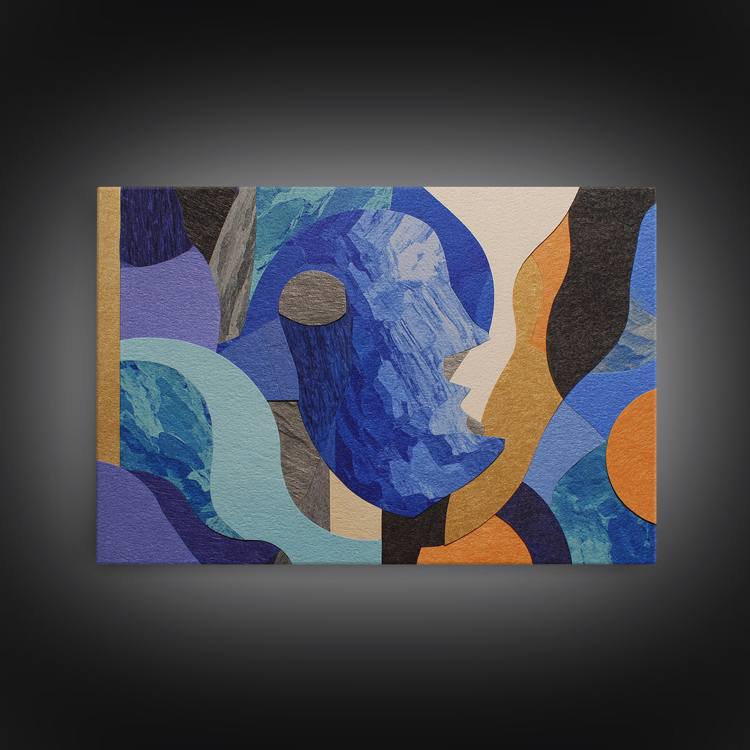 Cubist Blue Profile Face Abstract Wall Art, Modern Contemporary Collage Print, Geometric MCM Artwork For Bedroom Decor Gift