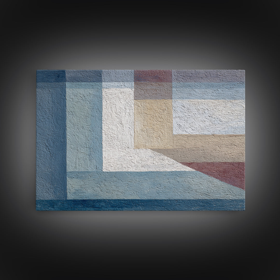Muted Blue Beige Geometric Blocks Framed Canvas Print, Minimalist Modern Abstract Art, Neutral Wall Decor For Living Room