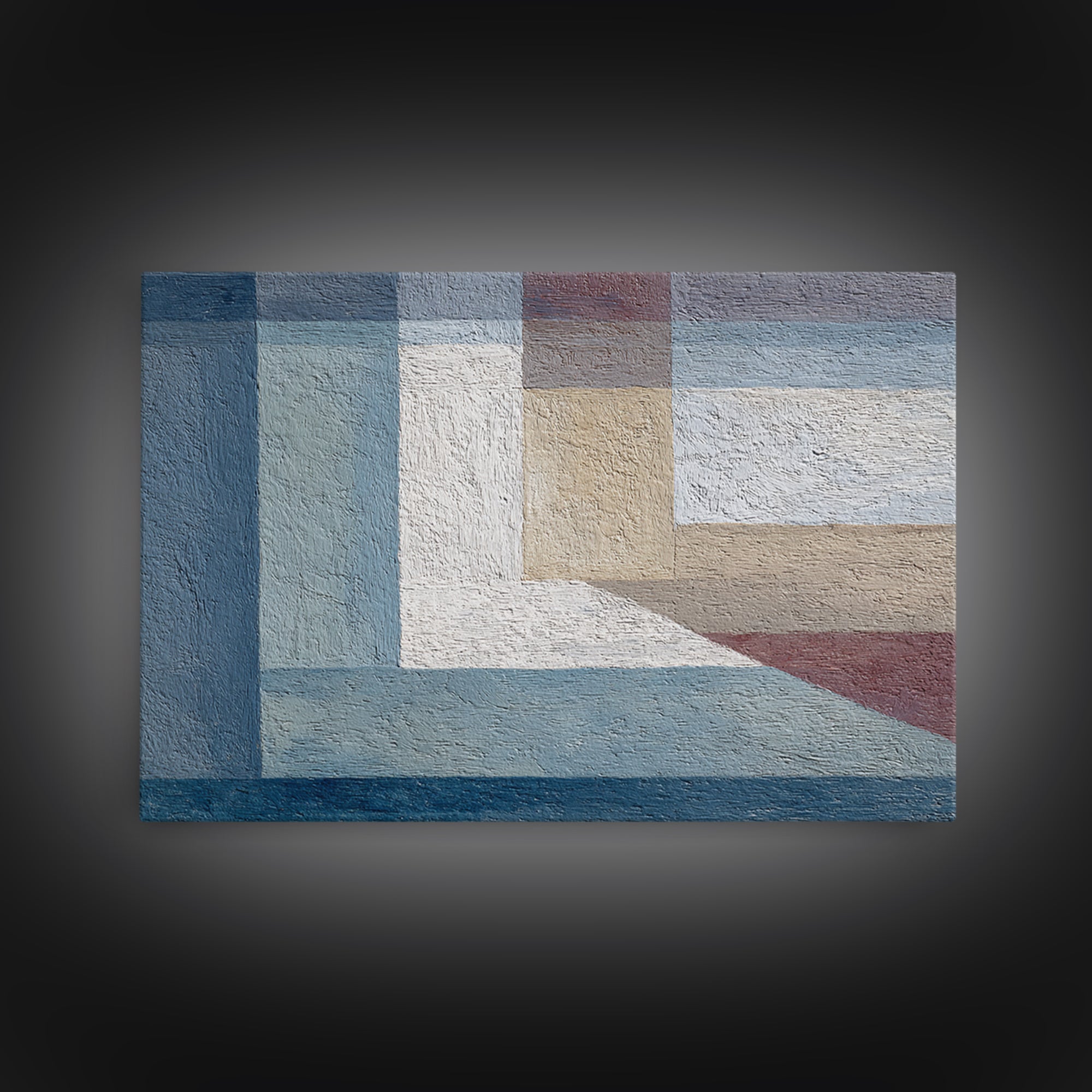 Muted Blue Beige Geometric Blocks Framed Canvas Print, Minimalist Modern Abstract Art, Neutral Wall Decor For Living Room