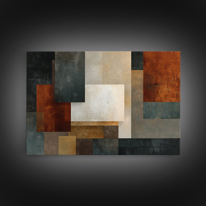 Textured Geometric Blocks In Rust Blue And Cream Wall Art, Midcentury Modern Abstract Art Print, MCM Living Room Decor Gift