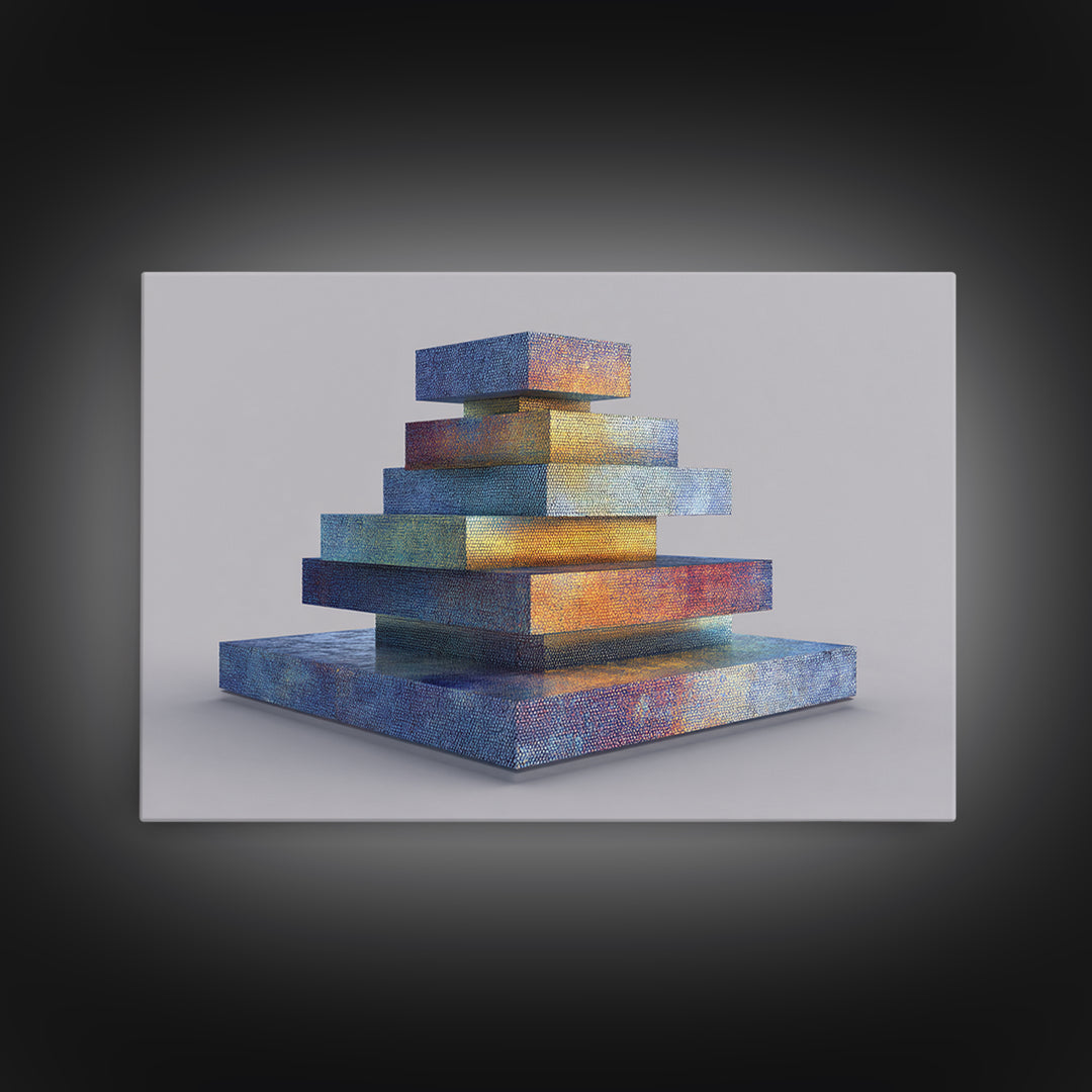Stacked Iridescent Geometric Sculpture Canvas Print, Modern Abstract Art, Midcentury Decor, Colorful MCM Statement Piece