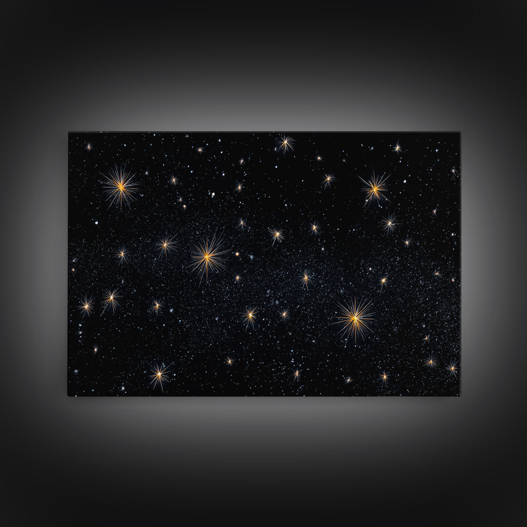 Black Night Sky With Golden Starbursts Wall Art, Cosmic Retro Art Print, Space Abstract Art, Modern Wall Decor, Bedroom Art Prints
