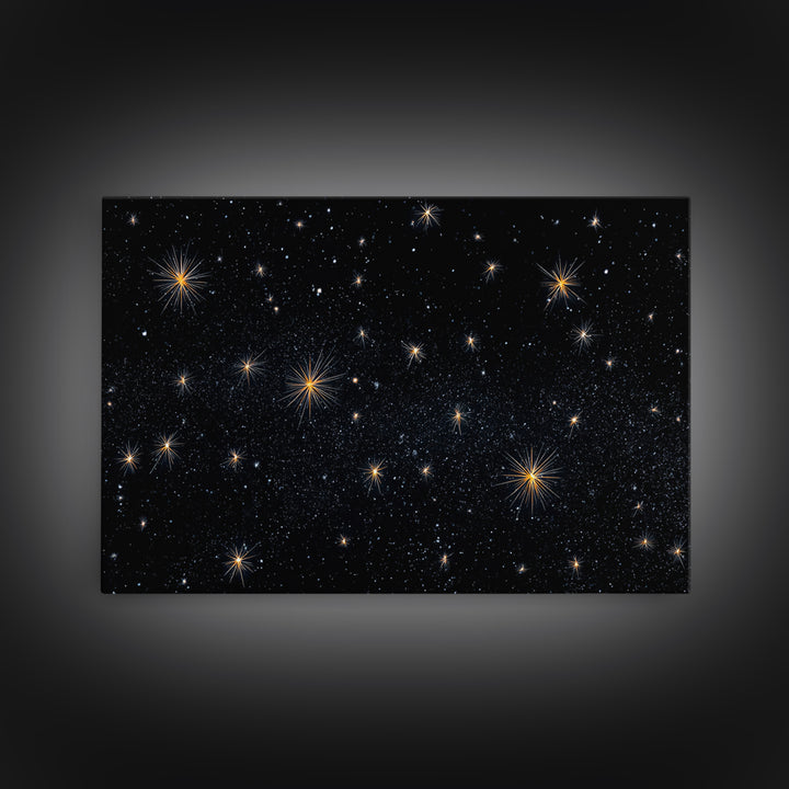 Black Night Sky With Golden Starbursts Wall Art, Cosmic Retro Art Print, Space Abstract Art, Modern Wall Decor, Bedroom Art Prints