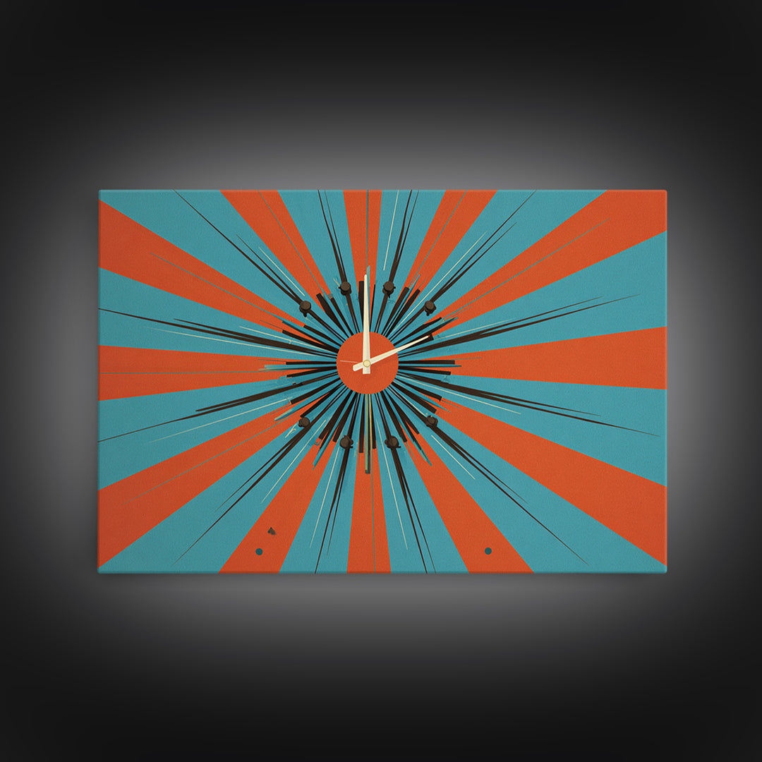 Orange Teal Atomic Starburst Framed Canvas Print, Midcentury Modern Wall Art, Retro Geometric Poster, MCM Decor, Living Room Art
