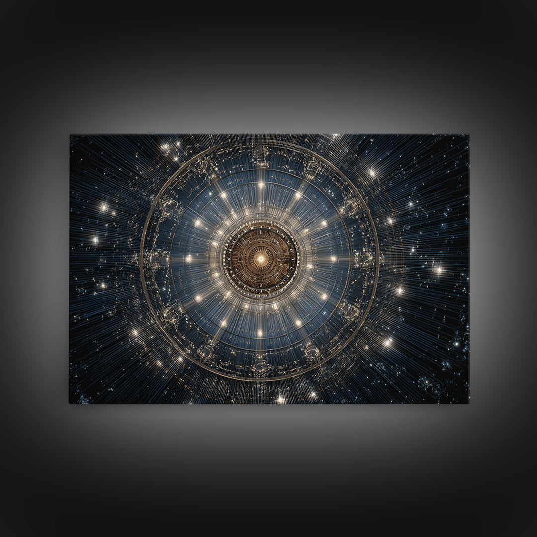 Golden Celestial Mechanical Mandala Wall Art, Cosmic Geometric Art Print, Modern Abstract Space Decor, Statement Poster Gift
