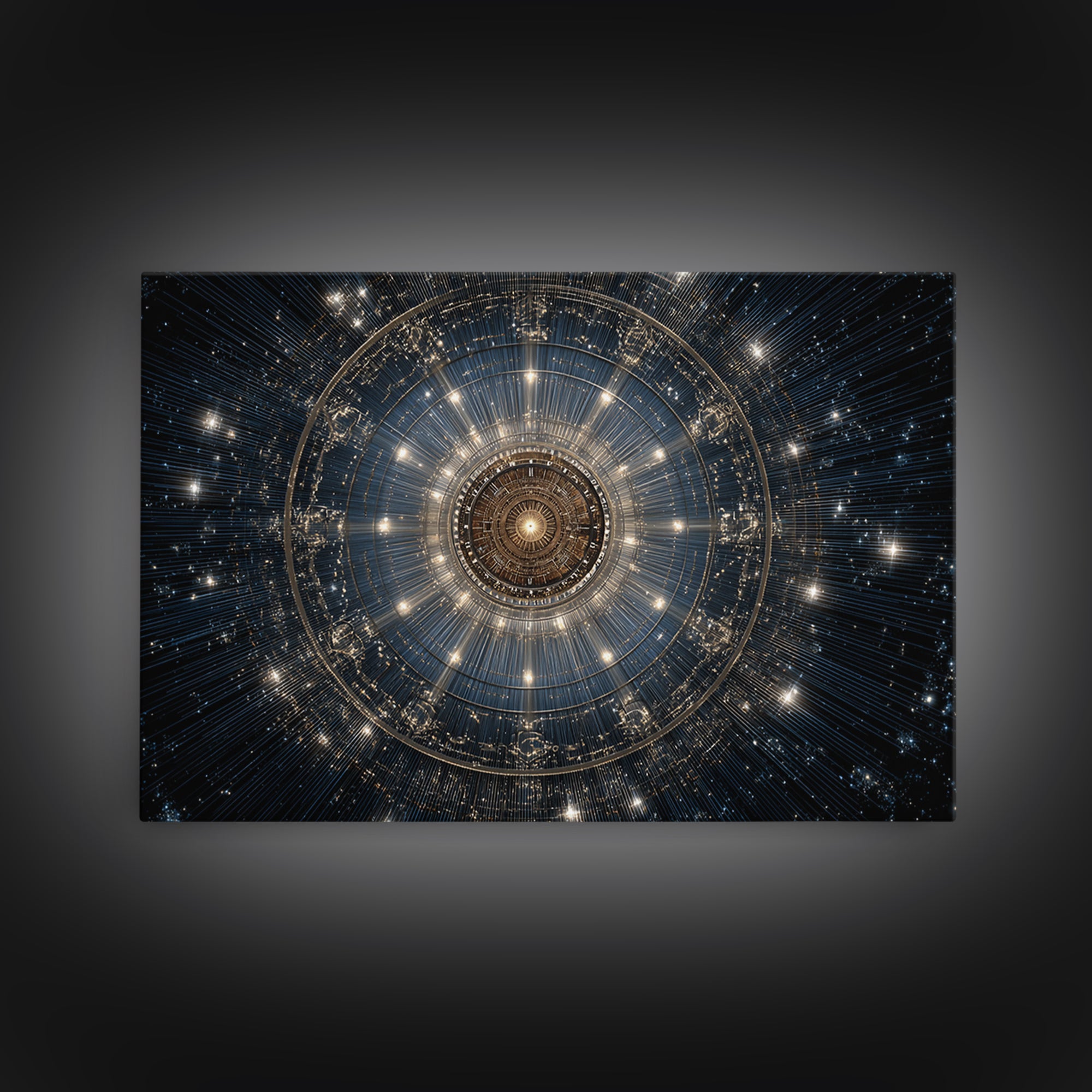 Golden Celestial Mechanical Mandala Wall Art, Cosmic Geometric Art Print, Modern Abstract Space Decor, Statement Poster Gift