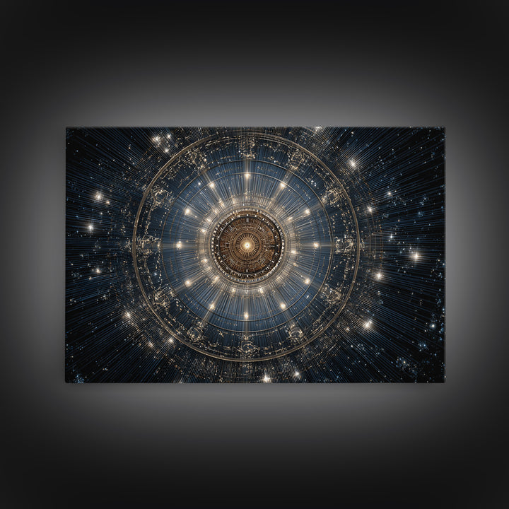 Golden Celestial Mechanical Mandala Wall Art, Cosmic Geometric Art Print, Modern Abstract Space Decor, Statement Poster Gift