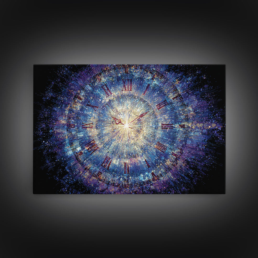 Exploding Cosmic Clock With Roman Numerals Canvas Print, Blue Space Abstract Art, Modern Wall Art, Celestial Time Decor Poster