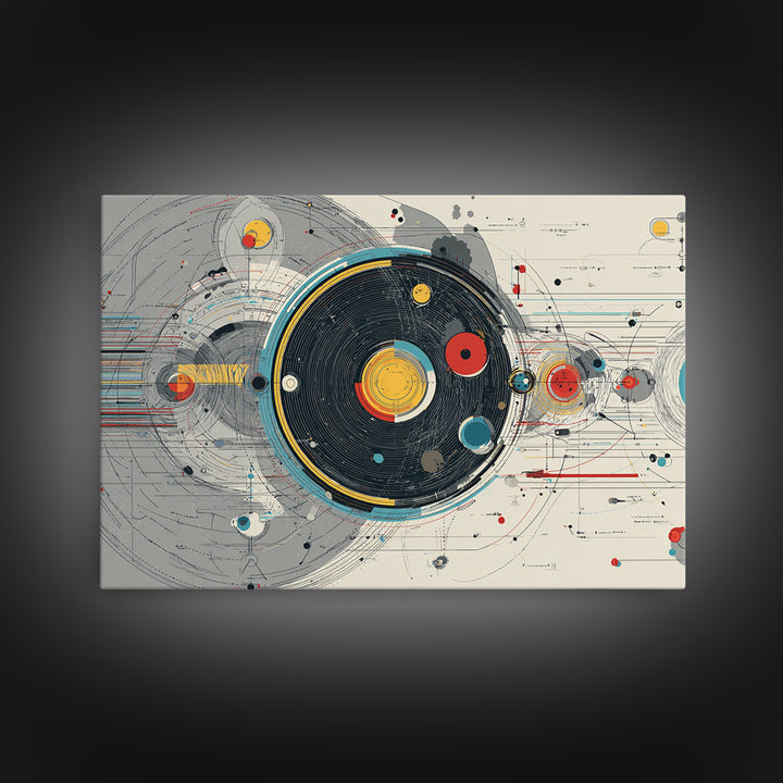 Retro Futuristic Orbital Circles Framed Canvas Print, Midcentury Modern Abstract Art, Geometric Wall Art, MCM Decor, Living Room Art
