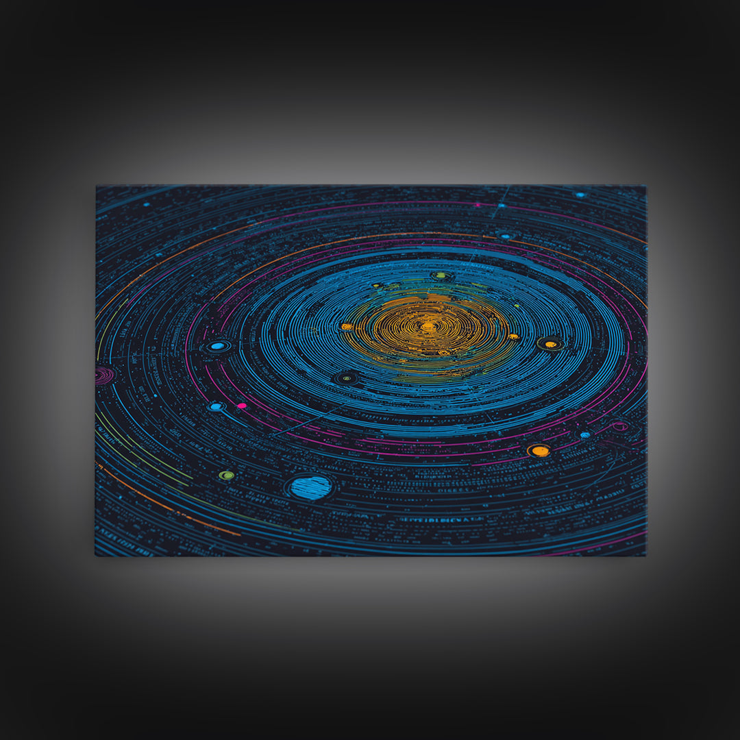Blue Solar System Canvas Print, Planetary Orbit Chart Wall Art, Modern Digital Art, Sci Fi Wall Decor, Astronomy Poster Gift