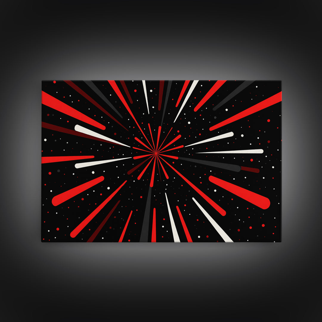 Red Warp Speed Starburst Canvas Print, Sci Fi Wall Art, Retro Wall Decor, Modern Abstract Art, Black Space Poster Gift For Him