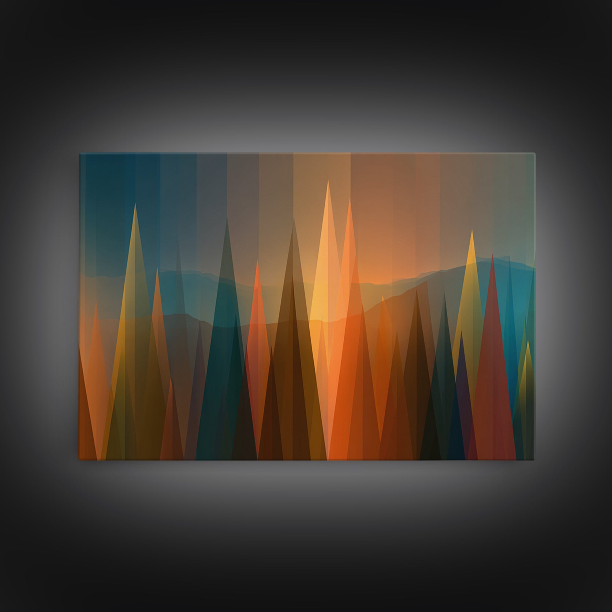 Abstract Sunset Forest Spires Wall Art, Midcentury Modern Canvas Print, Geometric Landscape, Office Decor, MCM Wall Art Print