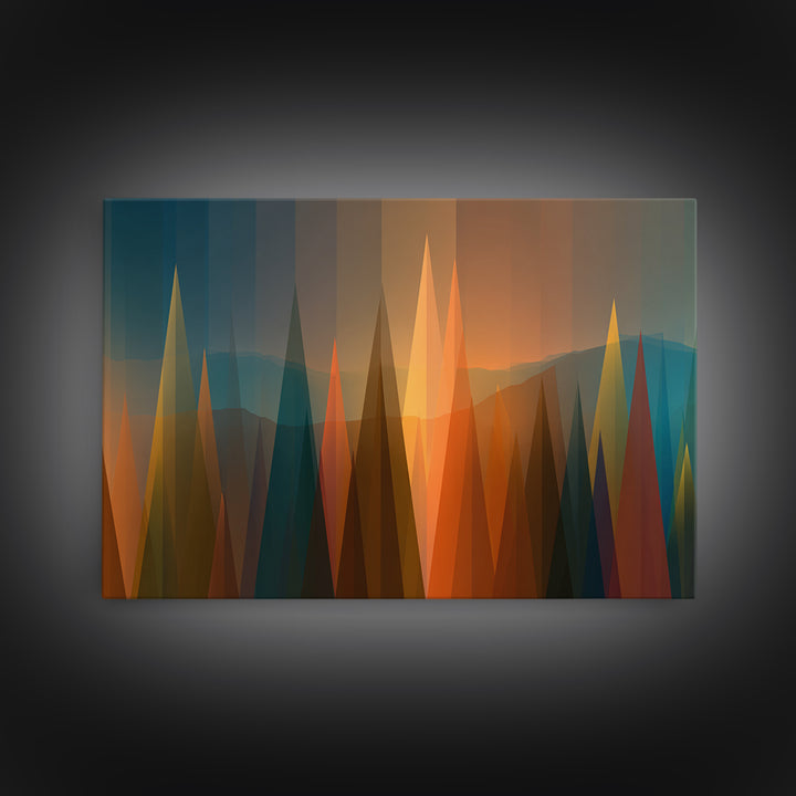Abstract Sunset Forest Spires Wall Art, Midcentury Modern Canvas Print, Geometric Landscape, Office Decor, MCM Wall Art Print
