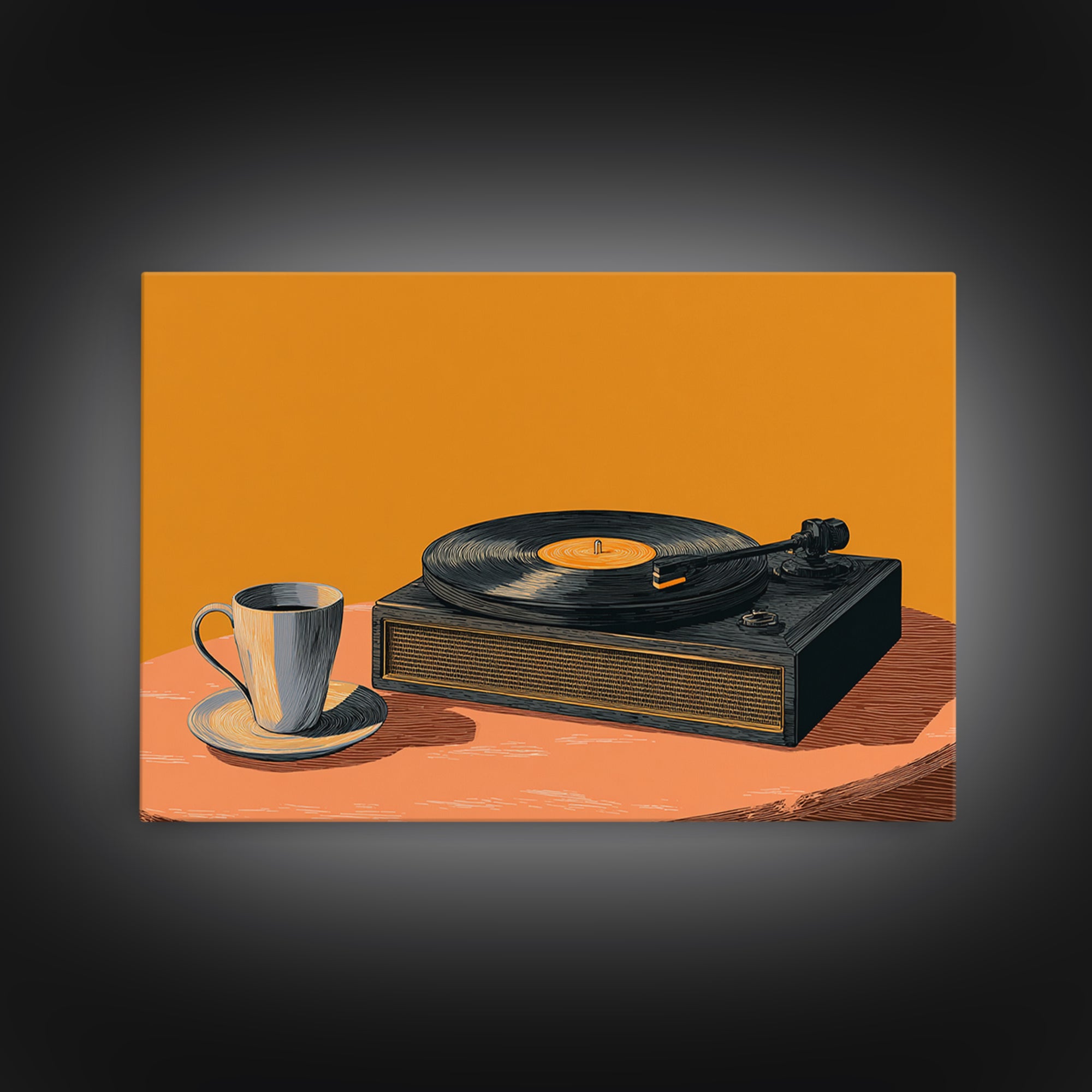 Retro Record Player With Coffee Canvas Print, Midcentury Modern Music Poster, Vinyl Turntable Wall Art, Orange Home Decor