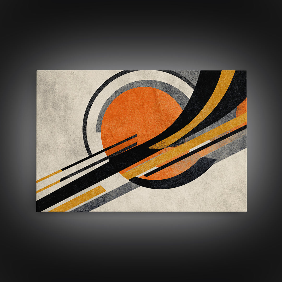 Orange Sun And Sweeping Black Arcs Wall Art, Midcentury Modern Abstract Geometric Print, Atomic Retro MCM Living Room Decor