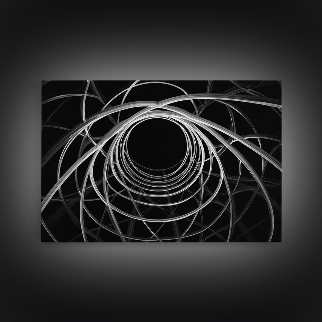 Black And White Orbital Vortex Wall Art, Modern Abstract Line Print, Monochrome Geometric Op Art For Statement Office Decor