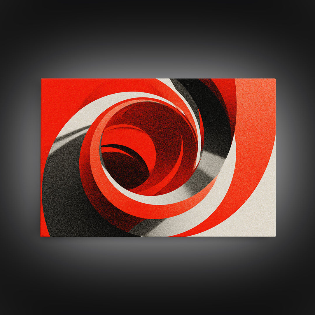 Red Spiral Vortex And Black Curves Canvas Print, Bold Modern Abstract Op Art Poster, Retro Geometric Statement Wall Decor