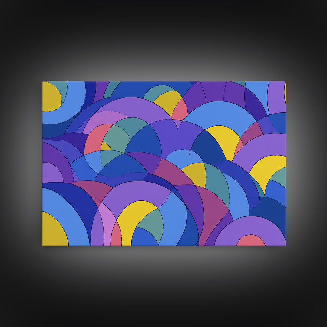 Blue Purple And Yellow Arc Pattern Wall Art, Colorful Midcentury Modern Geometric Print, Bold Retro 70s MCM Home Wall Decor