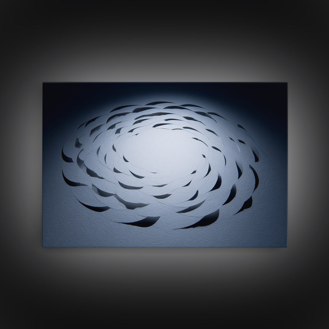 White Paper Cut Spiral Flower Canvas Print, Minimalist Modern Abstract Wall Decor, Blue Black Sculptural Textile Statement Art